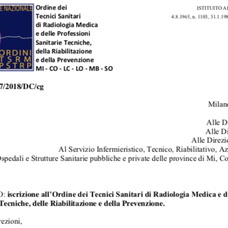 Iscrizione all’Ordine dei Tecnici Sanitari di Radiologia Medica e delle Professioni Sanitarie Tecniche, delle Riabilitazione e della Prevenzione