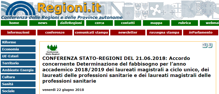 CONFERENZA STATO-REGIONI DEL 21.06.2018: