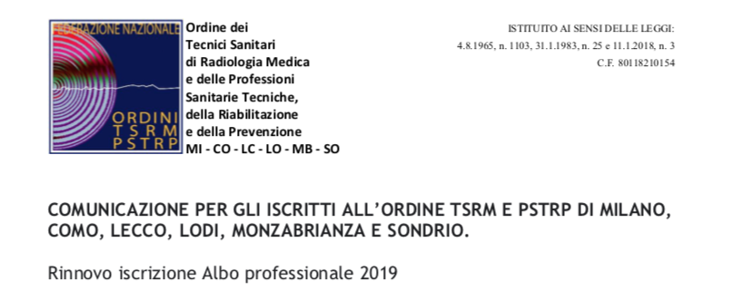 COMUNICAZIONE PER GLI ISCRITTI ALL’ORDINE TSRM E PSTRP DI MILANO,  COMO, LECCO, LODI, MONZABRIANZA E SONDRIO.