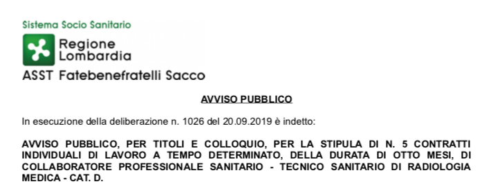 AVVISO PUBBLICO PER TECNICO SANITARIO DI RADIOLOGIA MEDICA – CAT. D. Scadenza ore 16:00 del 07 ottobre 2019 – ASST Fatebenefratelli Sacco