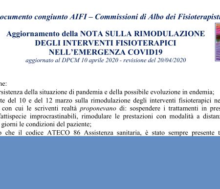 Pubblicato l’aggiornamento della nota sulla rimodulazione degli interventi fisioterapici nell’emergenza COVID19