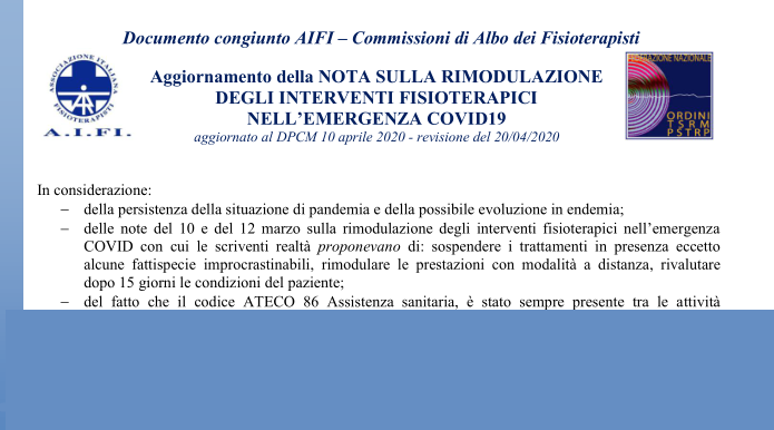Pubblicato l’aggiornamento della nota sulla rimodulazione degli interventi fisioterapici nell’emergenza COVID19