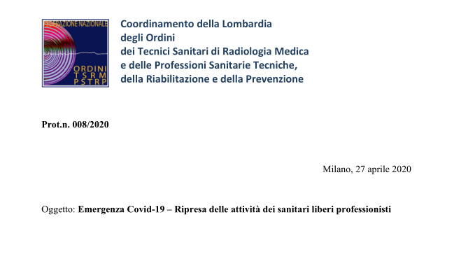 Ripresa delle attività per i sanitari Liberi Professionisti – Lettera alle Istituzioni