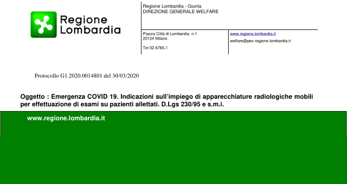 Regione Lombardia, Indicazioni sull’impiego di apparecchiature radiologiche mobili per effettuazione di esami su pazienti allettati