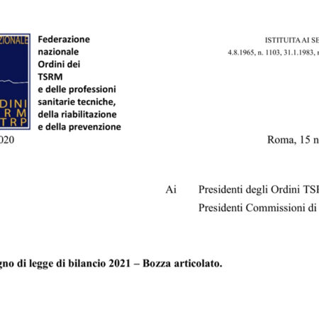 Lettera della FNO TSRM e PSTRP a seguito della pubblicazione della bozza della Manovra di Bilancio 2021