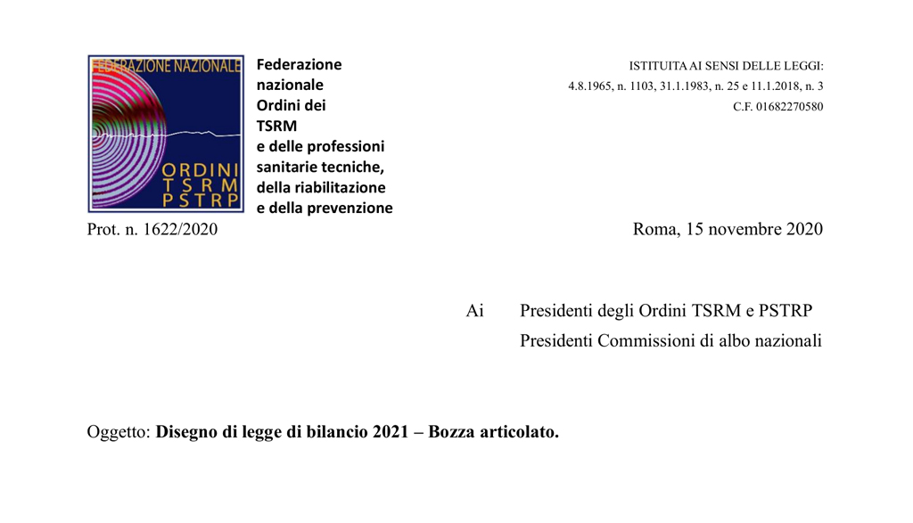 Lettera della FNO TSRM e PSTRP a seguito della pubblicazione della bozza della Manovra di Bilancio 2021