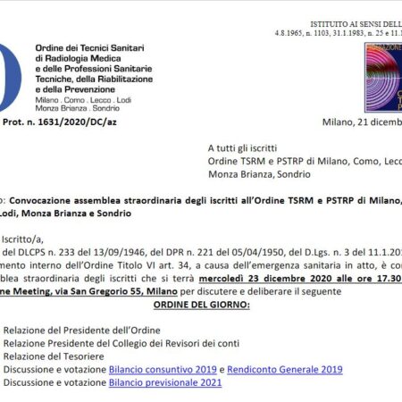 Convocazione assemblea straordinaria degli iscritti all’Ordine TSRM e PSTRP di Milano, Como, Lecco, Lodi, Monza Brianza e Sondrio