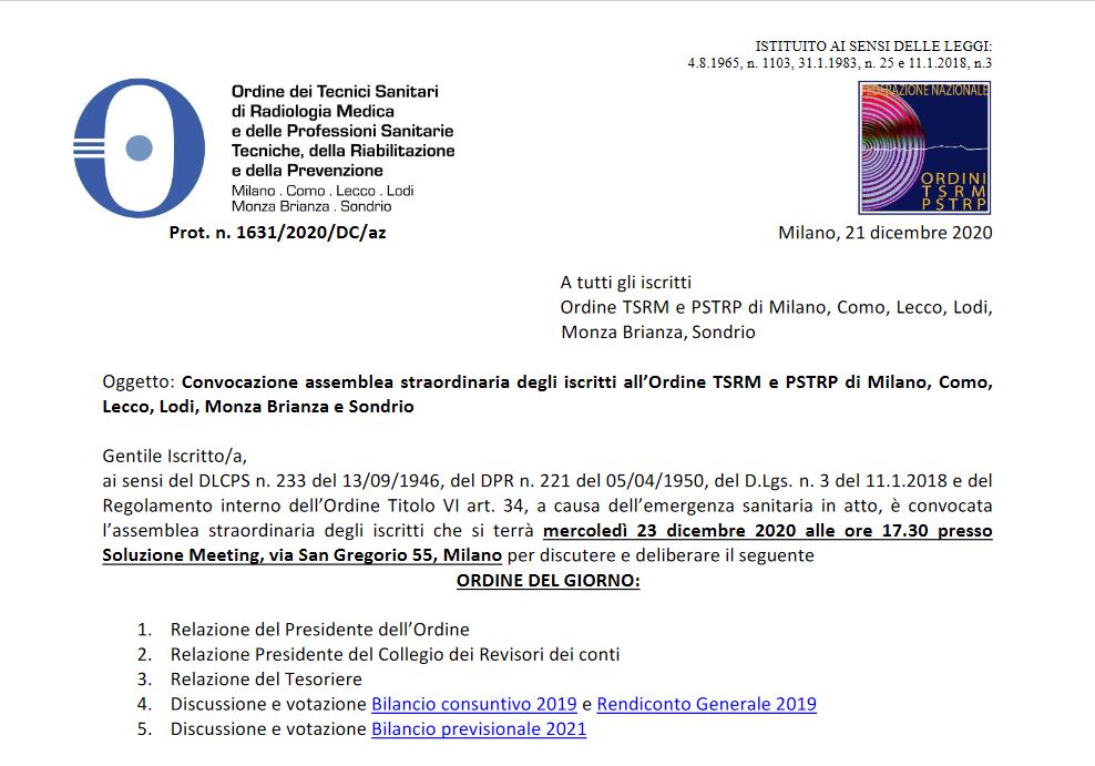 Convocazione assemblea straordinaria degli iscritti all’Ordine TSRM e PSTRP di Milano, Como, Lecco, Lodi, Monza Brianza e Sondrio