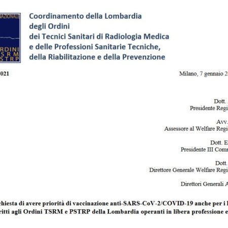 Lettera a Regione Lombardia per richiedere la priorità di accesso al vaccino anche per i liberi professionisti