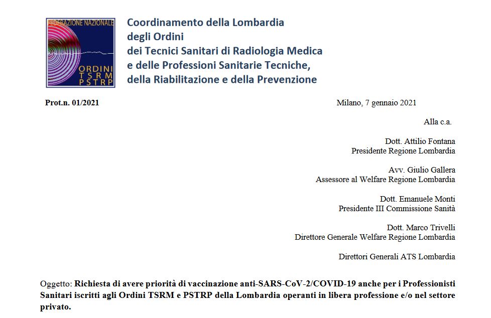 Lettera a Regione Lombardia per richiedere la priorità di accesso al vaccino anche per i liberi professionisti