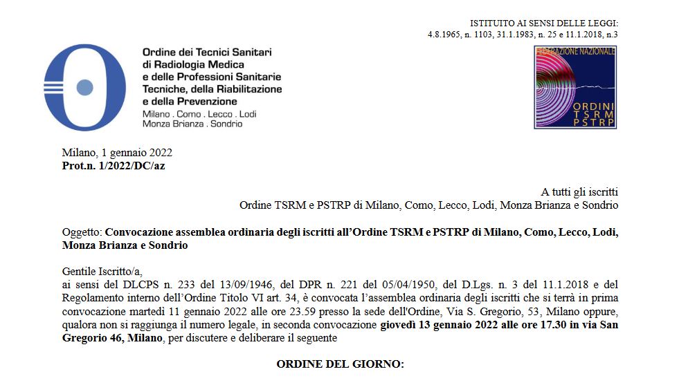 Avviso di convocazione assemblea ordinaria degli iscritti all’Ordine TSRM e PSTRP di Milano, Como, Lecco, Lodi, Monza Brianza e Sondrio