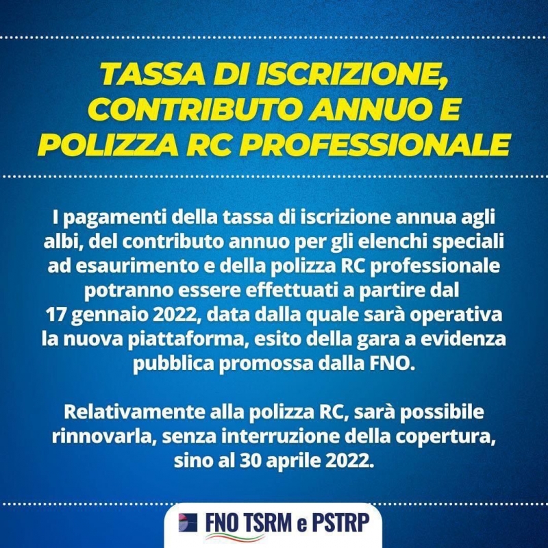 Tassa di iscrizione, contributo annuo e polizza RC professionale