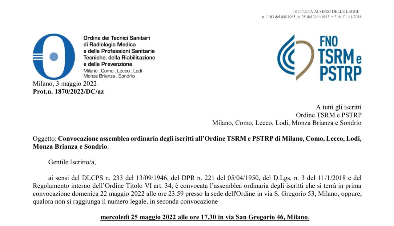 Avviso di convocazione assemblea ordinaria degli iscritti all’Ordine TSRM e PSTRP di Milano, Como, Lecco, Lodi, Monza Brianza e Sondrio