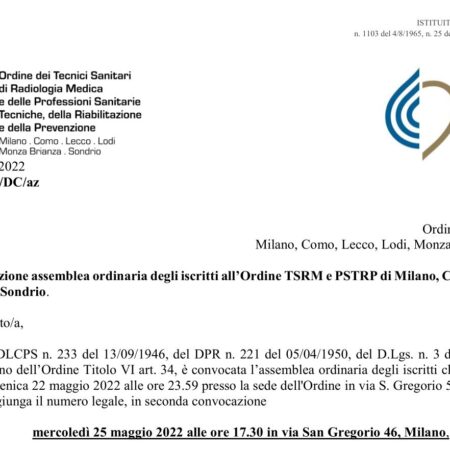 Avviso di convocazione assemblea ordinaria degli iscritti all’Ordine TSRM e PSTRP di Milano, Como, Lecco, Lodi, Monza Brianza e Sondrio
